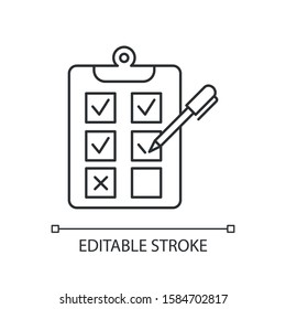 Written survey linear icon. Choosing option. Evaluation test. Select answer. Questionnaire. Page on clipboard. Thin line illustration. Contour symbol. Vector isolated outline drawing. Editable stroke