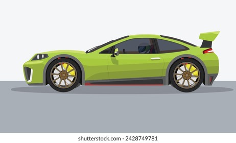 Written without a draft concept vector illustration of detailed side of a flat green sports car with car racer inside car. with shadow of car on reflected from the ground below. Separate layers.