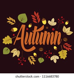 Written the word autumn with yellow leaves