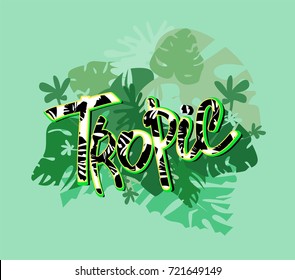  written words Hello tropic, Tropical leaves.