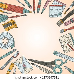 Writting accessories vector card. Doodle color drawing supplies for school and art with pen, pencil, ink, paintbrush and others with place for your text.