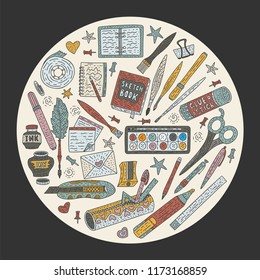Writting accessories vector card. Doodle color drawing supplies for school and art with pen, pencil, ink, paintbrush and others.