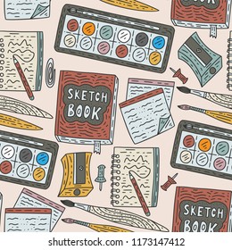 Writting accessories vector seamless pattern. Doodle color drawing supplies for school and art with pen, pencil, ink, paintbrush, sketchbook, and others.