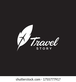  Writting Feather Author With Fly Plane Transportation For Travel Story Logo
