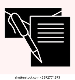 Icono de glifo de letra escrita. Notas, sobre y bolígrafo. Concepto de diseño vectorial de servicio postal, pictograma de estilo sólido sobre fondo blanco, uso para web y aplicación. Eps 10