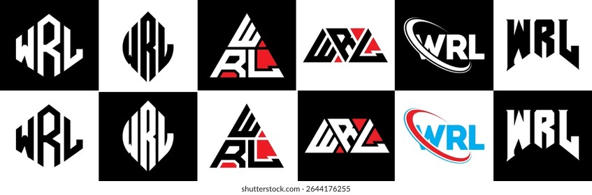 WRL letter logo design in six style. WRL polygon, circle, triangle, hexagon, flat and simple style with black and white color variation letter logo set in one artboard. WRL minimalist and classic logo