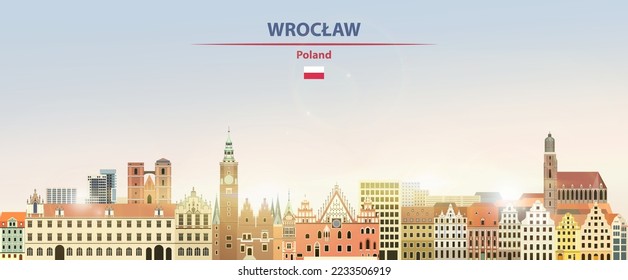 Wroclaw cityscape on sunrise sky background with bright sunshine. Vector illustration