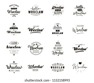 Wroclaw. Greeting cards, vector design. Isolated logos. Typography set.