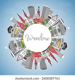 Wroclaw Poland City Skyline with Color Buildings, Blue Sky and copy space. Vector Illustration. Wroclaw Cityscape with Landmarks. Business Travel and Tourism Concept with Historic Architecture.