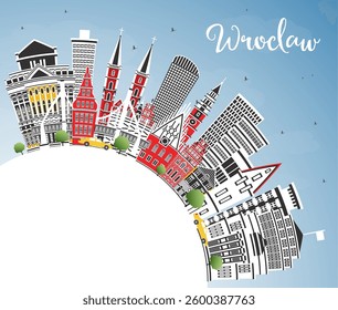 Wroclaw Poland City Skyline with Color Buildings, Blue Sky and copy space. Vector Illustration. Wroclaw Cityscape with Landmarks. Business Travel and Tourism Concept with Historic Architecture.