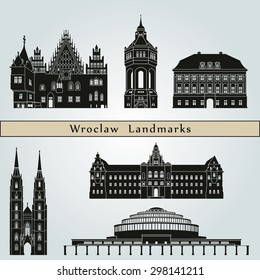 Wroclaw, Poland landmarks and monuments isolated on blue background in editable vector file