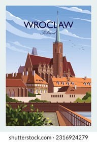 Wroclaw Poland poster. View at Tumski island and Collegiate Church of the Holy Cross and St. Bartholomew, river Odra. Historic city center on summer day. Wroclaw landscape in sunny day.