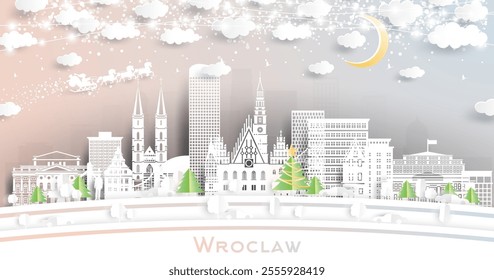 Wroclaw Poland. Winter city skyline in paper cut style with snowflakes, moon and neon garland. Christmas and new year concept. Santa Claus on sleigh. Wroclaw cityscape with landmarks.