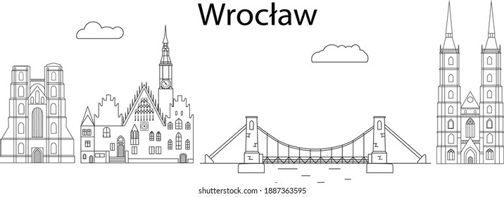 Wroclaw skyline cityscape - line art vector illustration 