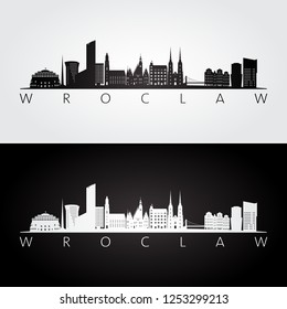 Wroclaw skyline and landmarks silhouette, black and white design, vector illustration.