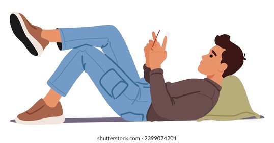 Wrong Body Posture For Reading. Male Character Lying on Pillow with Hunched Shoulders, Bent Spine, And Strained Neck, This Poor Alignment Can Lead To Discomfort. Cartoon People Vector Illustration