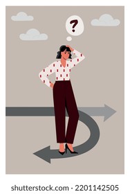 Wrong business decision concept. Frustrated woman entrepreneur experiencing economic hardship and turning back. Change in financial trend and business regression. Cartoon flat vector illustration