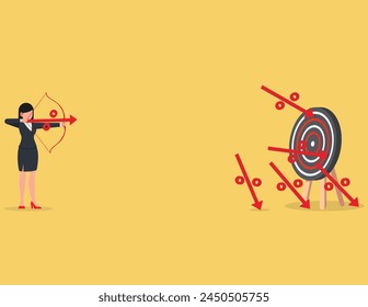 Wrong business goals. Businesswoman desperately trying to shoot arrows with bow to hit the bullseye
