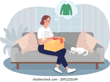 Wrong clothing order 2D vector isolated illustration. Upset customer. Sad woman with box sitting on couch flat character on cartoon background. Negative side of online shopping colourful scene