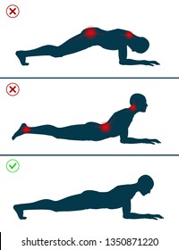 Wrong and correct plank position. Right and wrong execution technique of sport exercise. Common mistakes in sport workout. Man standing on elbows. Fitness workout program