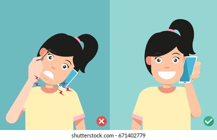 Wrong and correct positions for talking via smart phone illustration.vector