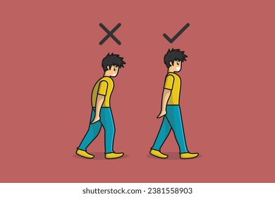 Wrong and Correct Positions For Walk vector illustration. People healthcare icon concept. Movement animation of the character vector design.