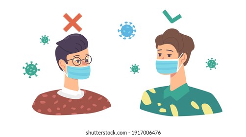 Wrong and Correct Way to Wear Protective Facial Mask. Male Characters Protecting from Dust or Coronavirus Cells Flying around. Infographics Aid, Information. Cartoon People Vector Illustration