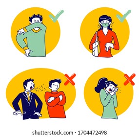 Wrong and Correct Ways for Sneezing. Male and Female Characters Using Cubit to Sneeze, and Wearing Facial Medical Masks to Protect People around from Virus Infection. Linear Vector Illustration