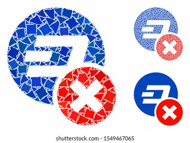 Wrong Dashcoin mosaic of uneven items in variable sizes and color tinges, based on wrong Dashcoin icon. Vector tuberous items are composed into collage.