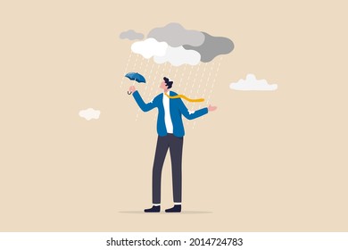 Wrong Decision Or Business Mistake Causing Failure, Risk Management Or Unlucky Problem And Trouble Concept, Soaked Misfortune Businessman With Too Small Umbrella Protection In Strong Raining Storm.