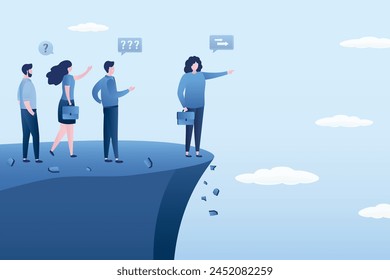 Wrong decision making, concept. Stupid or crazy boss manager pointing order employees to jump off cliff. Incompetent woman leader. Mistake lead company and employees to sabotage, bad problem. Vector