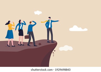 Wrong decision making, stupid incompetence leader or boss, mistake lead company and employees to sabotage or bad problem concept, stupid boss manager pointing order employees to jump off cliff.