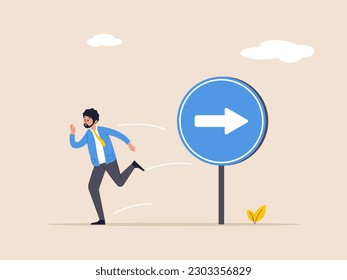 Wrong direction concept. Leadership decision to be difference or opposite lead to mistake. Mislead or false to get lost. Confused businessman running in wrong opposite direction of trend arrow.
