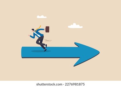 Wrong direction lead to mistake, leadership decision to be difference or opposite, mislead or false to get lost concept, confused businessman running in wrong opposite direction of trend arrow. svg