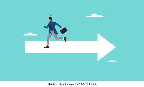 wrong direction lead to mistake, mislead or false to get lost concept, leadership decision to be difference or opposite, Confused businessman running in wrong opposite direction of trend arrow svg