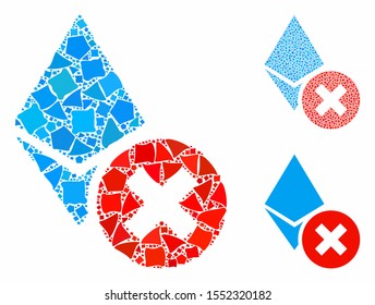 Wrong Ethereum crystal composition of raggy pieces in various sizes and color tints, based on wrong Ethereum crystal icon. Vector joggly pieces are organized into composition.