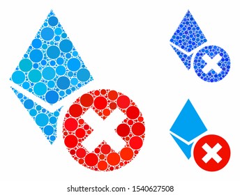Wrong Ethereum crystal mosaic of filled circles in different sizes and color tones, based on wrong Ethereum crystal icon. Vector filled circles are composed into blue composition.