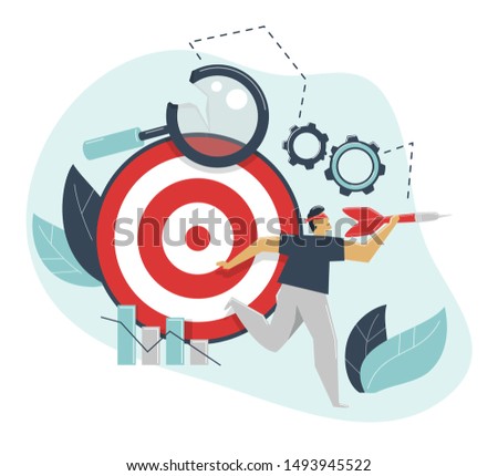 Wrong goal concept. Blindfold man aims at the void. The blind man chooses a false target. Deceived confused loser. Broken magnifier and gears. Incorrectly conducted research and business processes