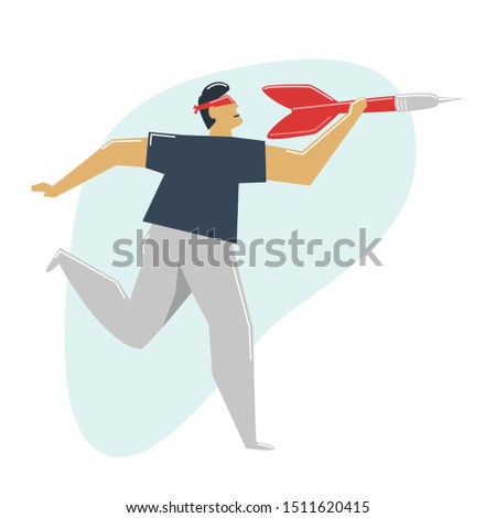 Wrong goal concept. A blindfold man aiming a dart at a void. The blind man chose the false target. Cheated confused loser