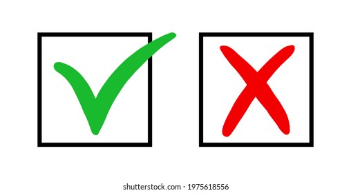 Wrong green and right red color mark. Icon check yes and x isolated on white background. Wrong or right checkmark. Symbol correct and false. Tick box. Ok or cross. Done choice. Vector illustration