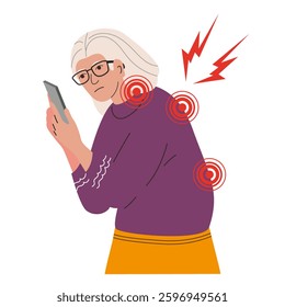 Wrong incorrect posture senior woman of holding PHONE. Wrong back, neck. Vector illustration.