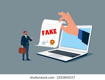 Wrong information verification, fraud and illegal reports. Inspector through the laptop verify fake document. Vector illustration.