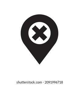 Wrong location icon. Pin point symbol with a cross. Cross pin logo vector design template element.