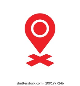 Wrong location icon. Red pin point symbol with a cross. Cross pin logo vector design template element.