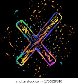 Wrong mark icon. Colored ink with splashes on black background