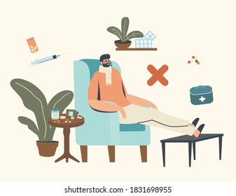 Concepto erróneo de atención médica. Carácter masculino enfermo con enfermedad de la gripe que lleva una bufanda cálida sentada en casa en un sillón con varias píldoras y drogas dispersas abiertamente. Ilustración de vectores lineales