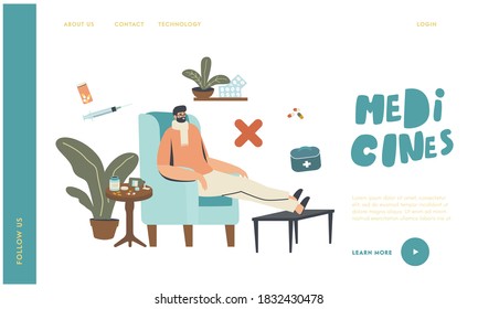 Plantilla de la página de inicio de la atención médica incorrecta, enfermedad gripal. Carácter masculino enfermo en una bufanda cálida sentada en casa en una silla con varias píldoras y drogas dispersas en todo abierto. Ilustración de vectores lineales