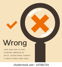 It's Wrong Or Mistake. Cross Icon On Magnifying Glass. Vector Illustration.