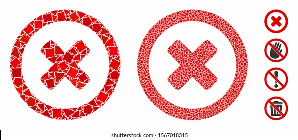 Wrong mosaic of rugged pieces in different sizes and color tones, based on wrong icon. Vector bumpy pieces are composed into collage. Wrong icons collage with dotted pattern.