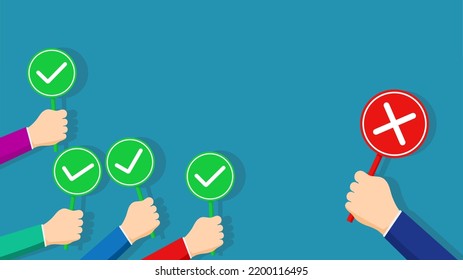 Wrong opinion. Employee holding a check mark and manager holding a wrong sign